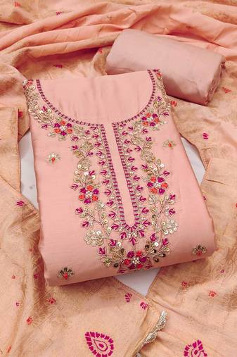 Peach hand embroidery cotton semi stitched churidar dress-materials