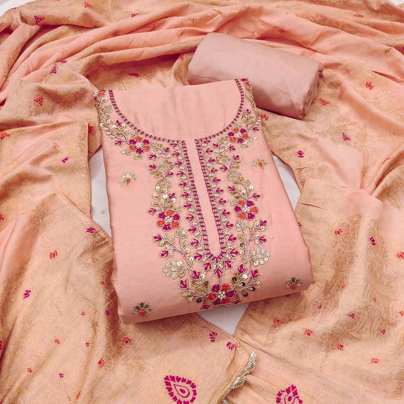 Peach hand embroidery cotton semi stitched churidar dress-materials
