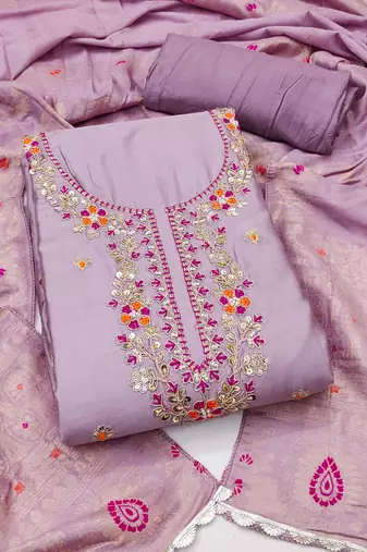 Lavender hand embroidery cotton semi stitched churidar dress-materials