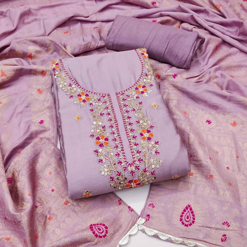 Lavender hand embroidery cotton semi stitched churidar dress-materials