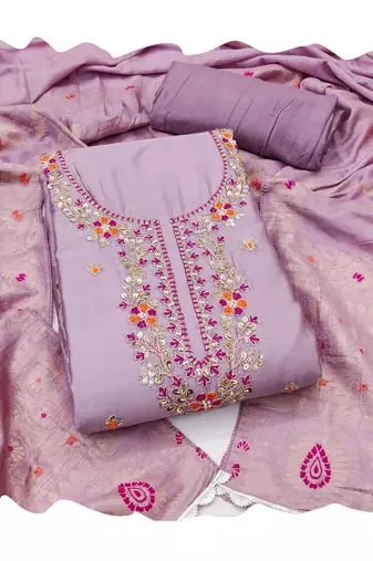 Lavender hand embroidery cotton churidar dress-materials