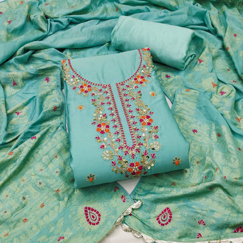 Sea-green hand embroidery cotton semi stitched churidar dress-materials