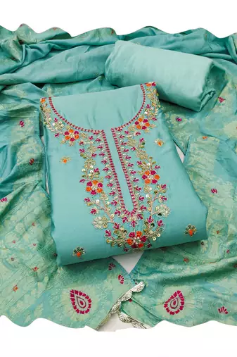 Sea-green hand embroidery cotton churidar dress-materials