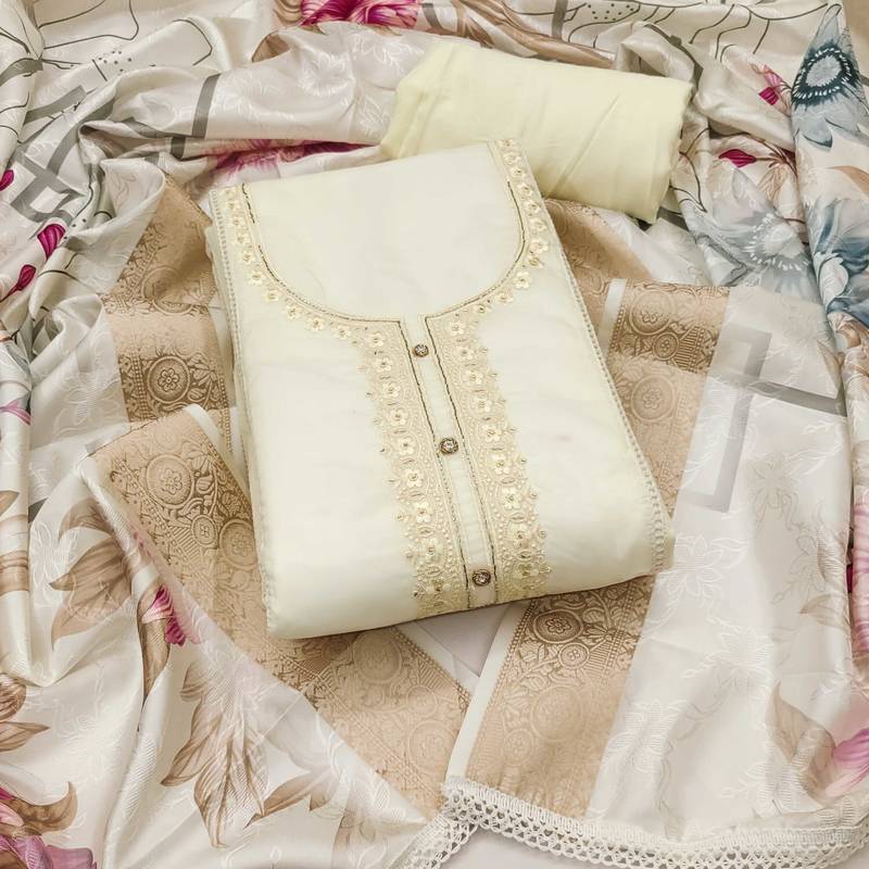 White embroidered organza semi stitched churidar dress-materials