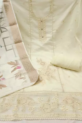 White embroidered organza churidar dress-materials