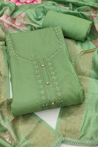 Light-green embroidered organza semi stitched churidar dress-materials