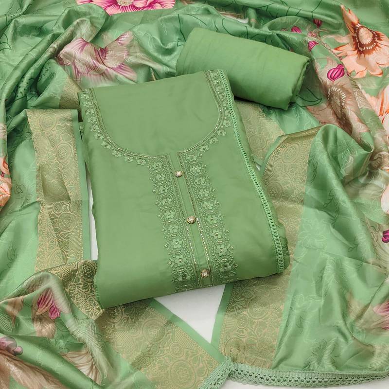 Light-green embroidered organza semi stitched churidar dress-materials
