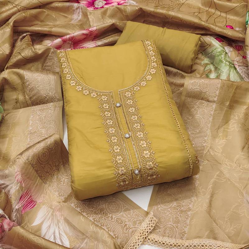 Beige embroidered organza semi stitched churidar dress-materials