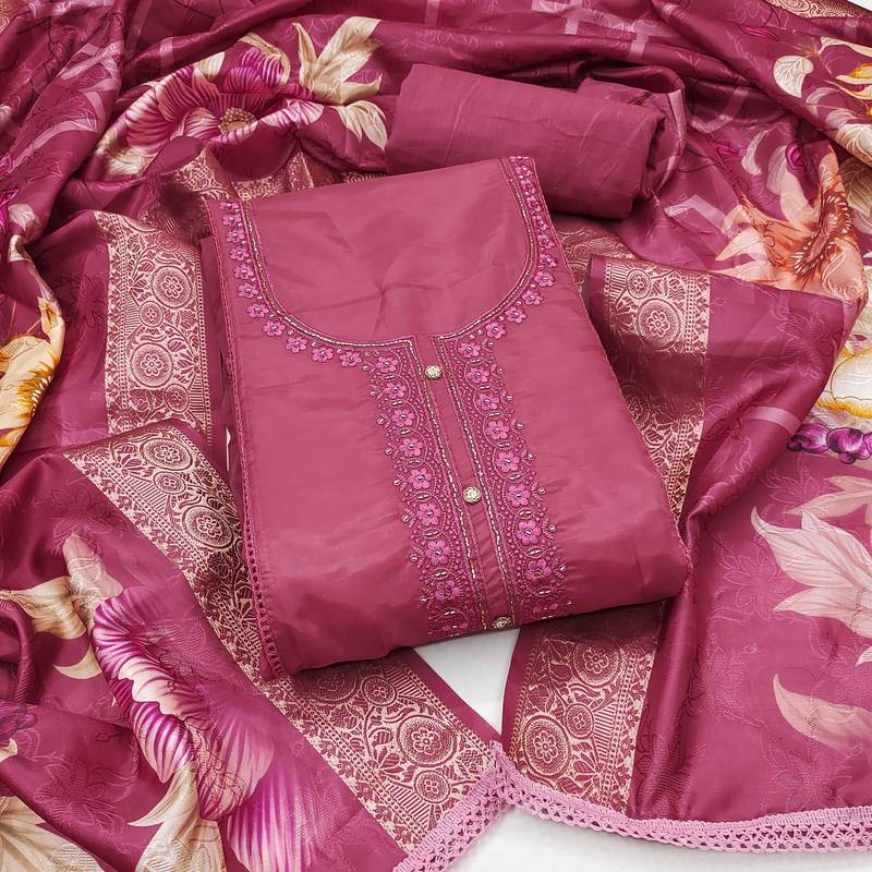Pink embroidered organza semi stitched churidar dress-materials
