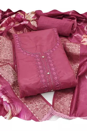Pink embroidered organza churidar dress-materials