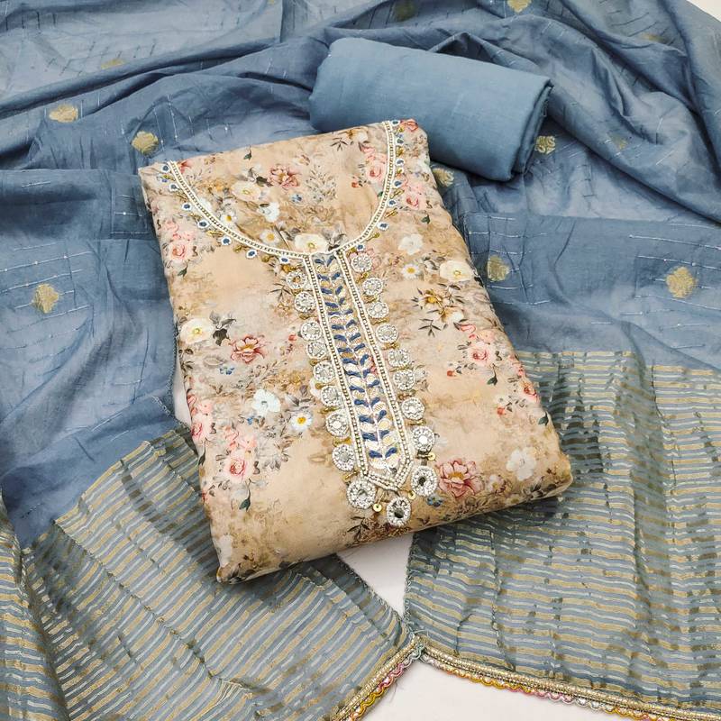 Multicolor hand embroidery cotton semi stitched churidar dress-materials