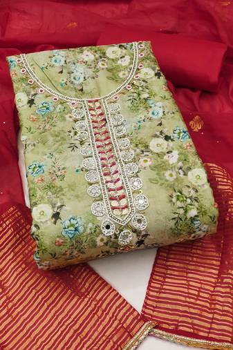 Multicolor hand embroidery cotton semi stitched churidar dress-materials