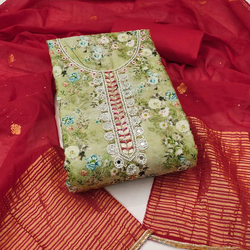 Multicolor hand embroidery cotton semi stitched churidar dress-materials