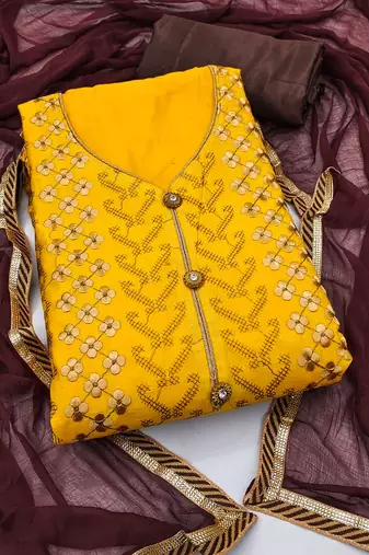 Yellow embroidered chanderi semi stitched churidar dress-materials