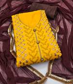 Yellow embroidered chanderi semi stitched churidar dress-materials