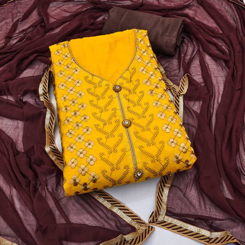 Yellow embroidered chanderi semi stitched churidar dress-materials