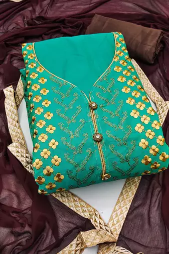 Sea-green embroidered chanderi semi stitched churidar dress-materials
