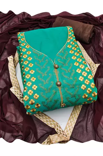 Sea-green embroidered chanderi churidar dress-materials