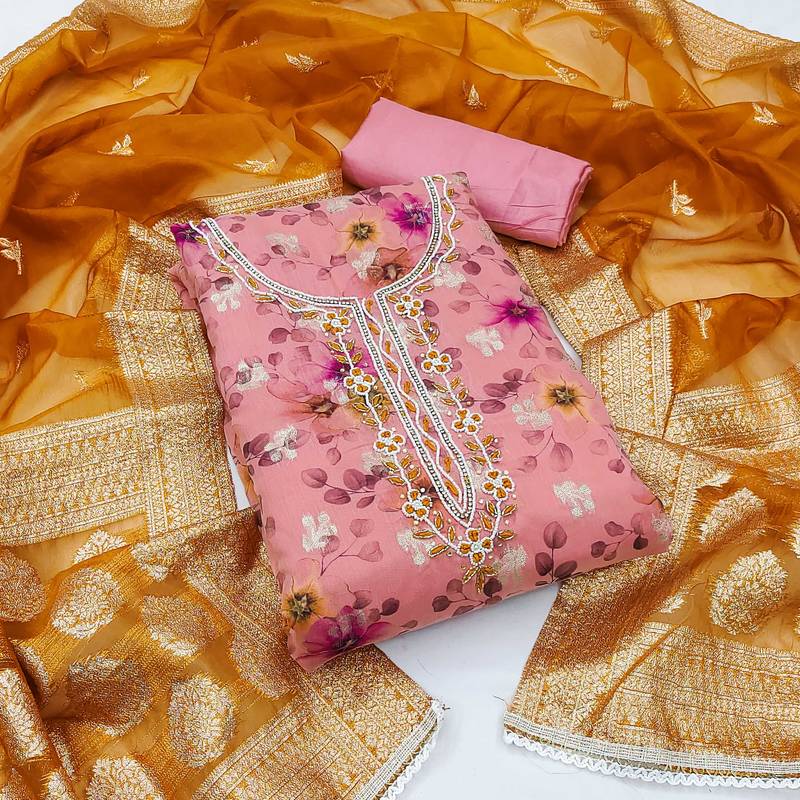 Pink woven jacquard semi stitched churidar dress-materials