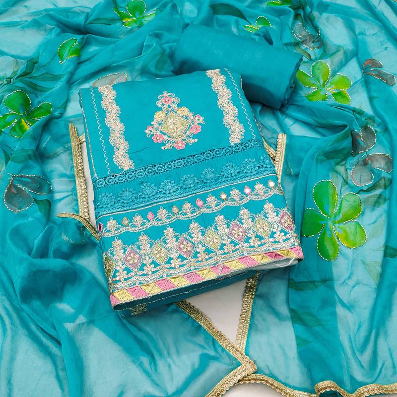 Blue embroidered cotton semi stitched churidar dress-materials