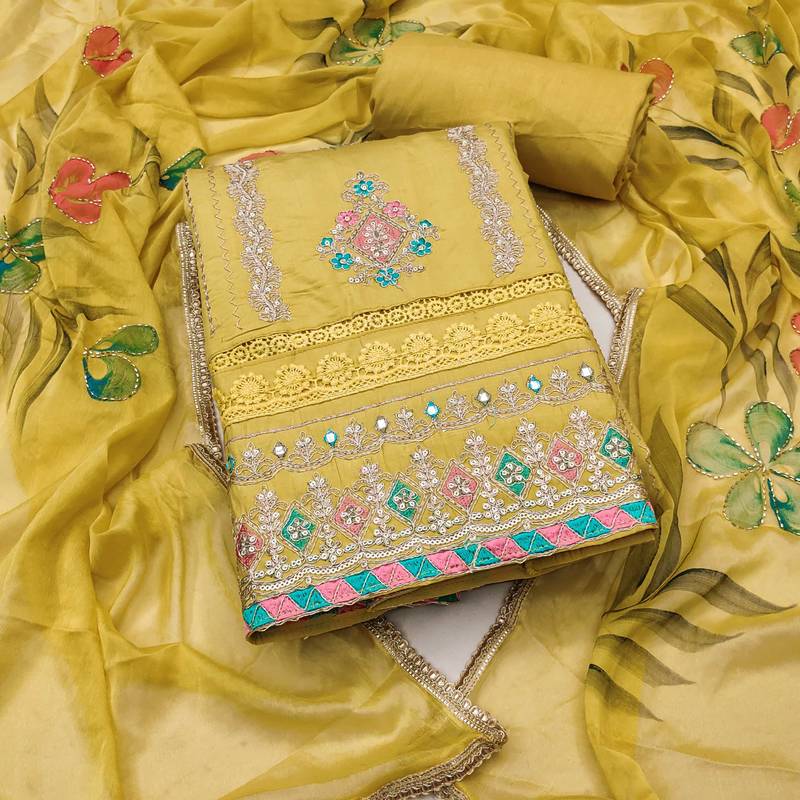 Beige embroidered cotton semi stitched churidar dress-materials