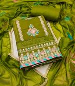 Green embroidered cotton semi stitched churidar dress-materials