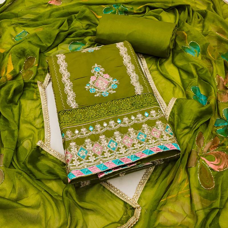 Green embroidered cotton semi stitched churidar dress-materials