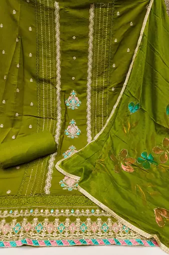 Green embroidered cotton churidar dress-materials