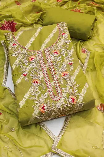 Green woven cotton semi stitched churidar dress-materials
