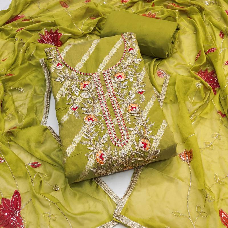 Green woven cotton semi stitched churidar dress-materials