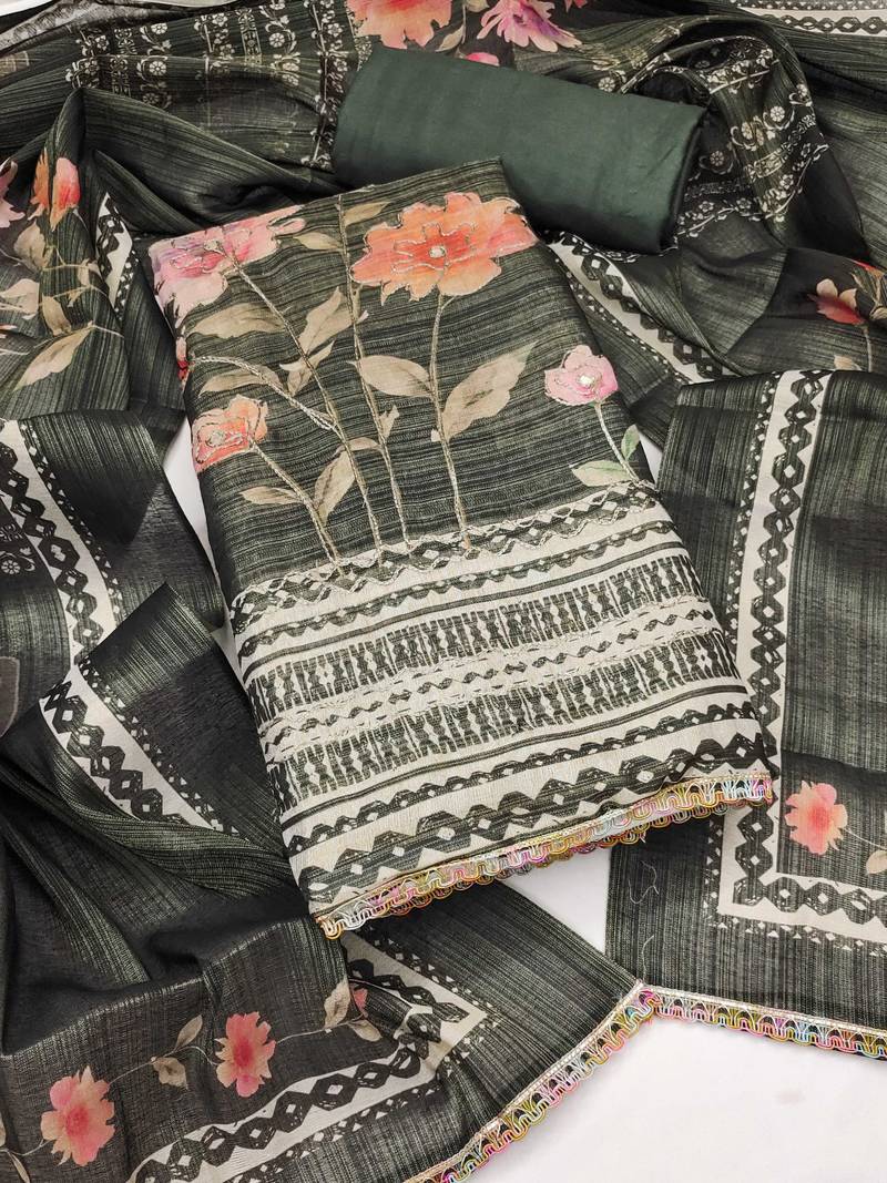 Dark-green embroidered cotton silk semi stitched churidar dress-materials