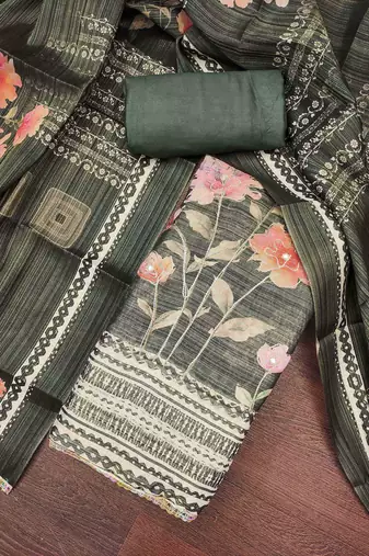 Dark-green embroidered cotton silk semi stitched churidar dress-materials