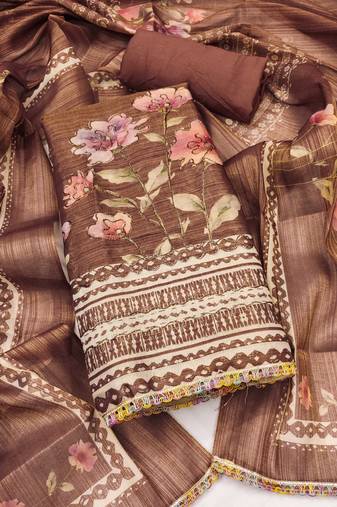 Brown embroidered cotton silk semi stitched churidar dress-materials