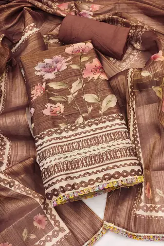 Brown embroidered cotton silk semi stitched churidar dress-materials