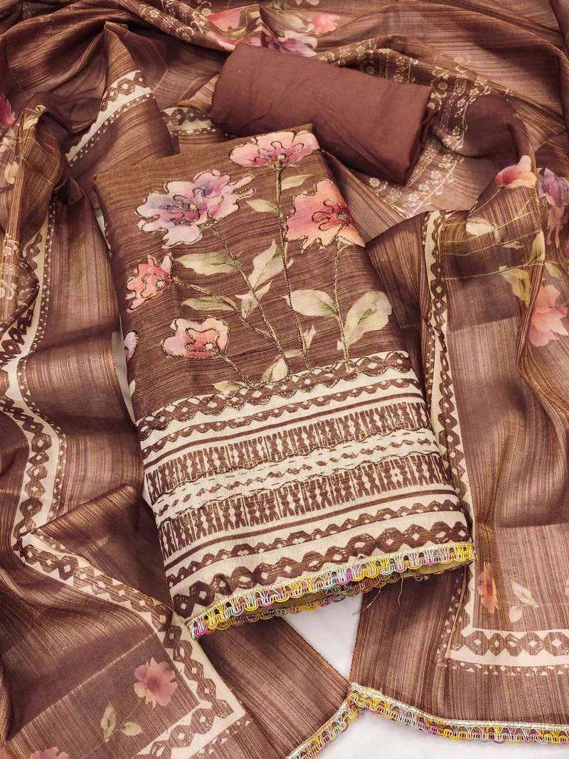 Brown embroidered cotton silk semi stitched churidar dress-materials