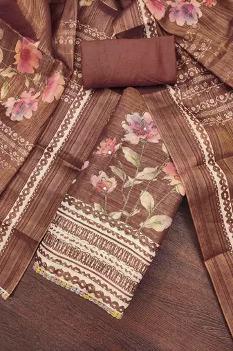 Brown embroidered cotton silk semi stitched churidar dress-materials