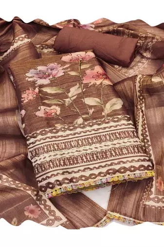 Brown embroidered cotton silk semi stitched churidar dress-materials