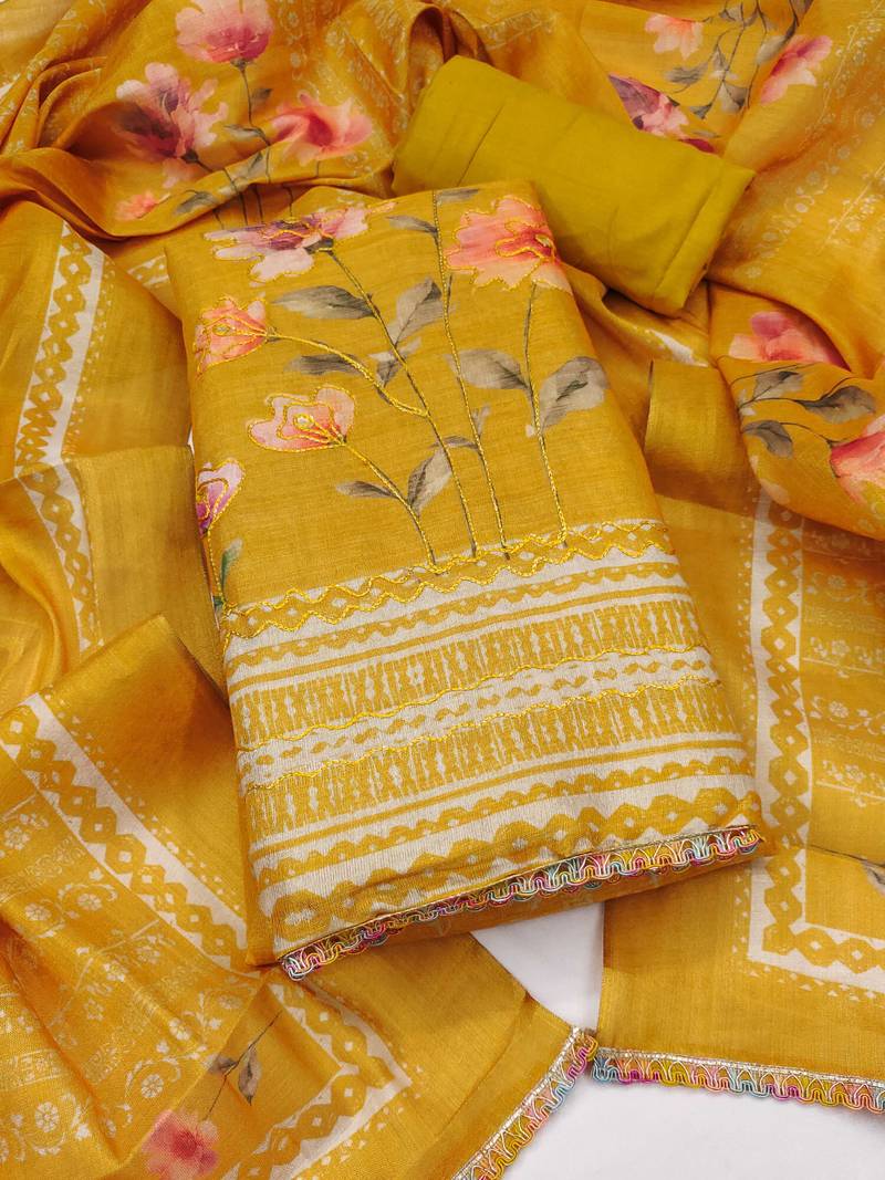 Mustard embroidered cotton silk semi stitched churidar dress-materials