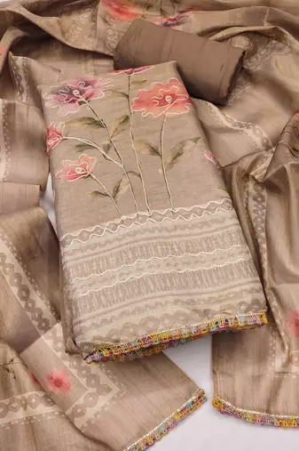 Grey embroidered cotton silk semi stitched churidar dress-materials