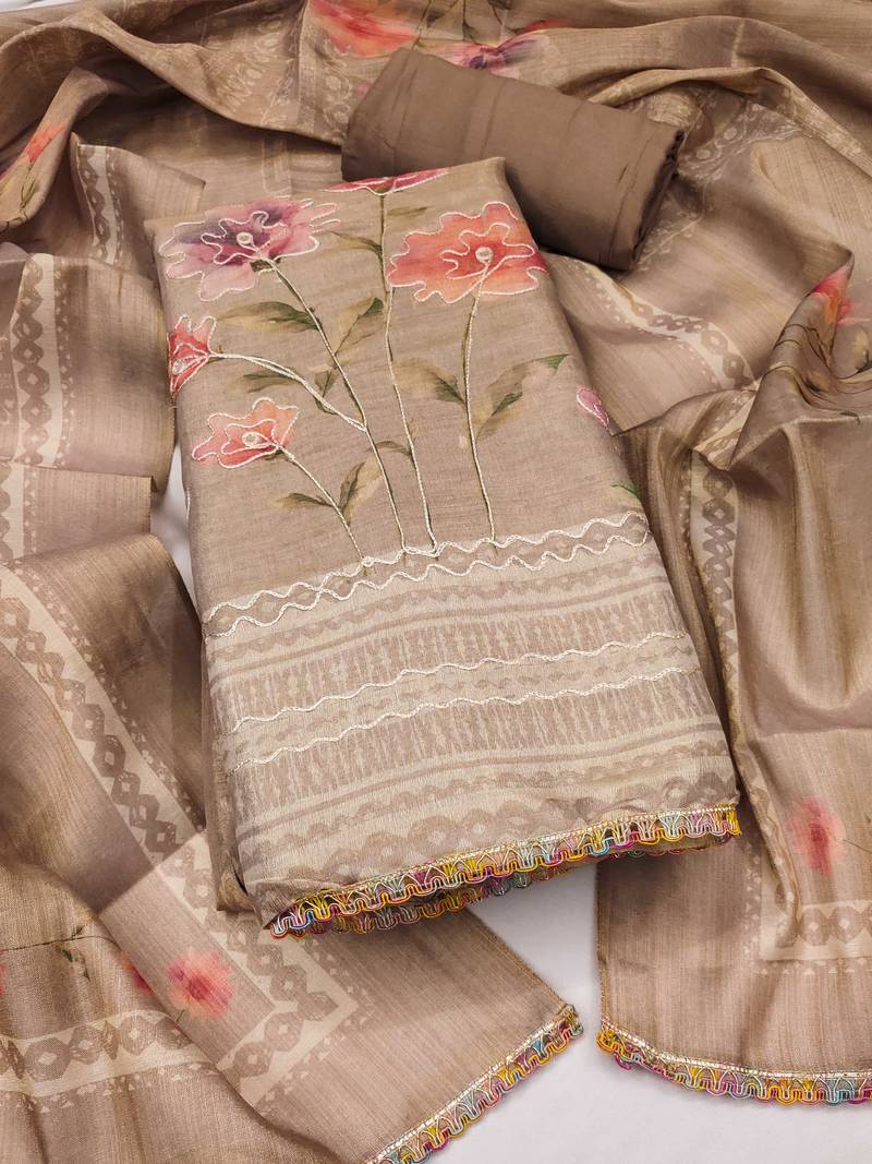 Grey embroidered cotton silk semi stitched churidar dress-materials