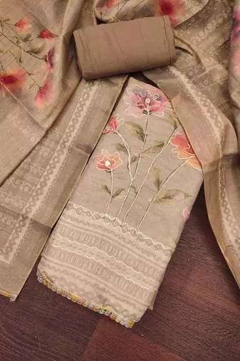 Grey embroidered cotton silk churidar dress-materials