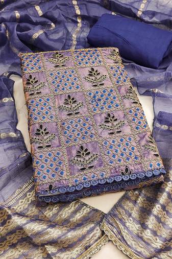 Royal-blue sequins silk blend semi stitched churidar dress-materials
