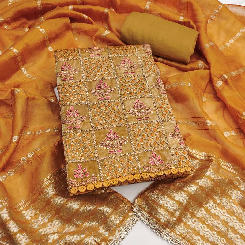 Mustard sequins silk blend semi stitched churidar dress-materials