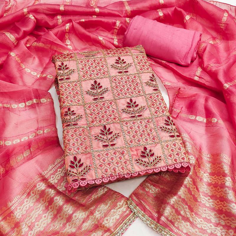Pink sequins silk blend semi stitched churidar dress-materials