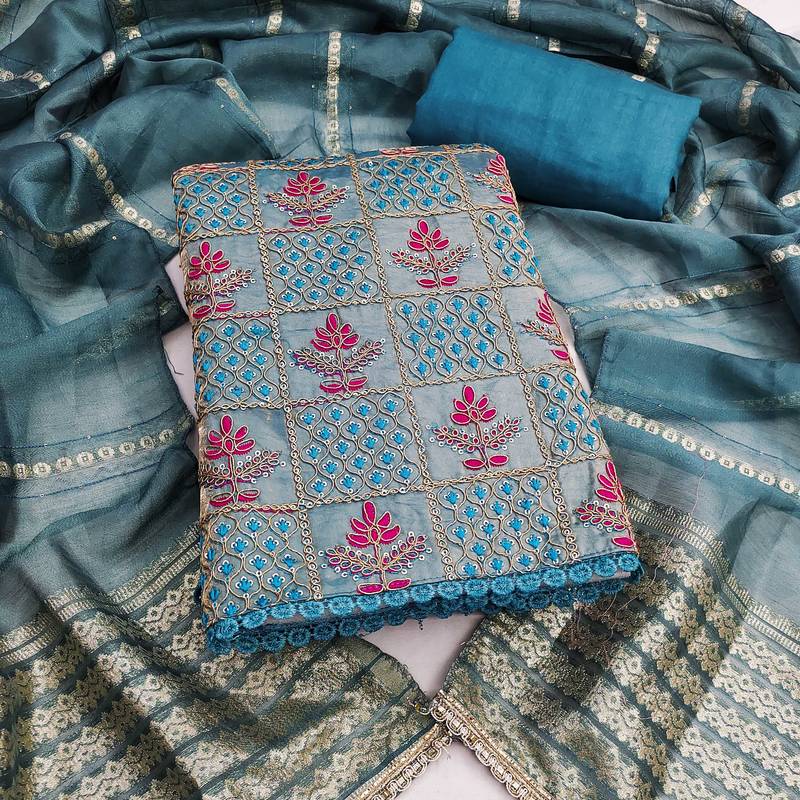 Blue sequins silk blend semi stitched churidar dress-materials