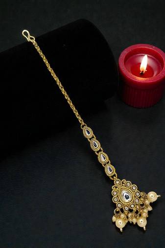 Gold plated kundan teardrop maang tikka head jewellery