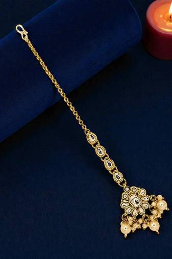 Gold plated kundan oval design maang tikka head jewellery