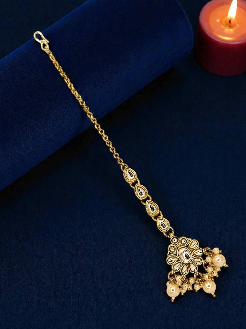 Gold plated kundan oval design maang tikka head jewellery