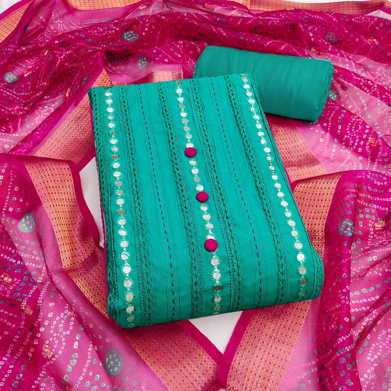 Sea-green embroidered cotton semi stitched churidar dress-materials