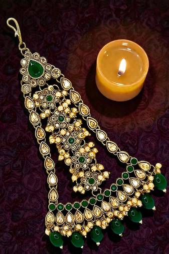 Antique gold plated green jhumar passa head jewellery